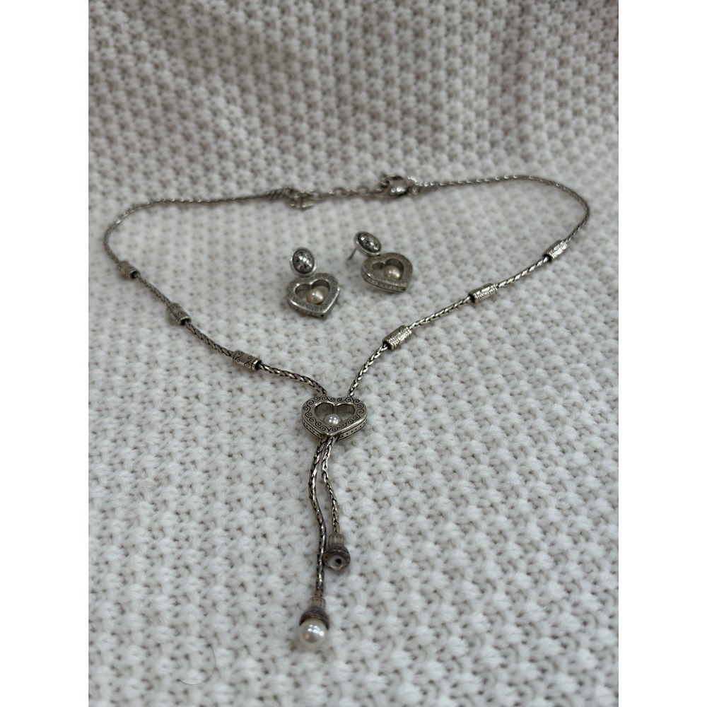 Brighton Heart Pearl Necklace Earrings Set Silver Tone Y Drop Jewelry